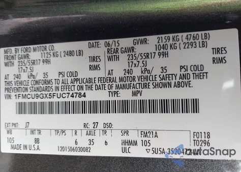 2015 Ford Escape Se from USA, damaged, VIN 1FMCU9GX5FUC74784